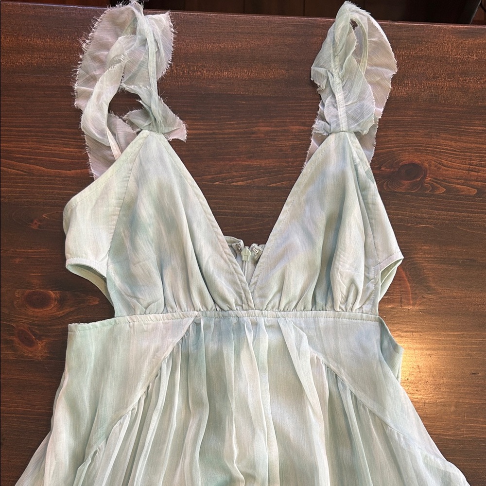 Elegant Sheer High-Low Ruffle Dress in Marbled Blue